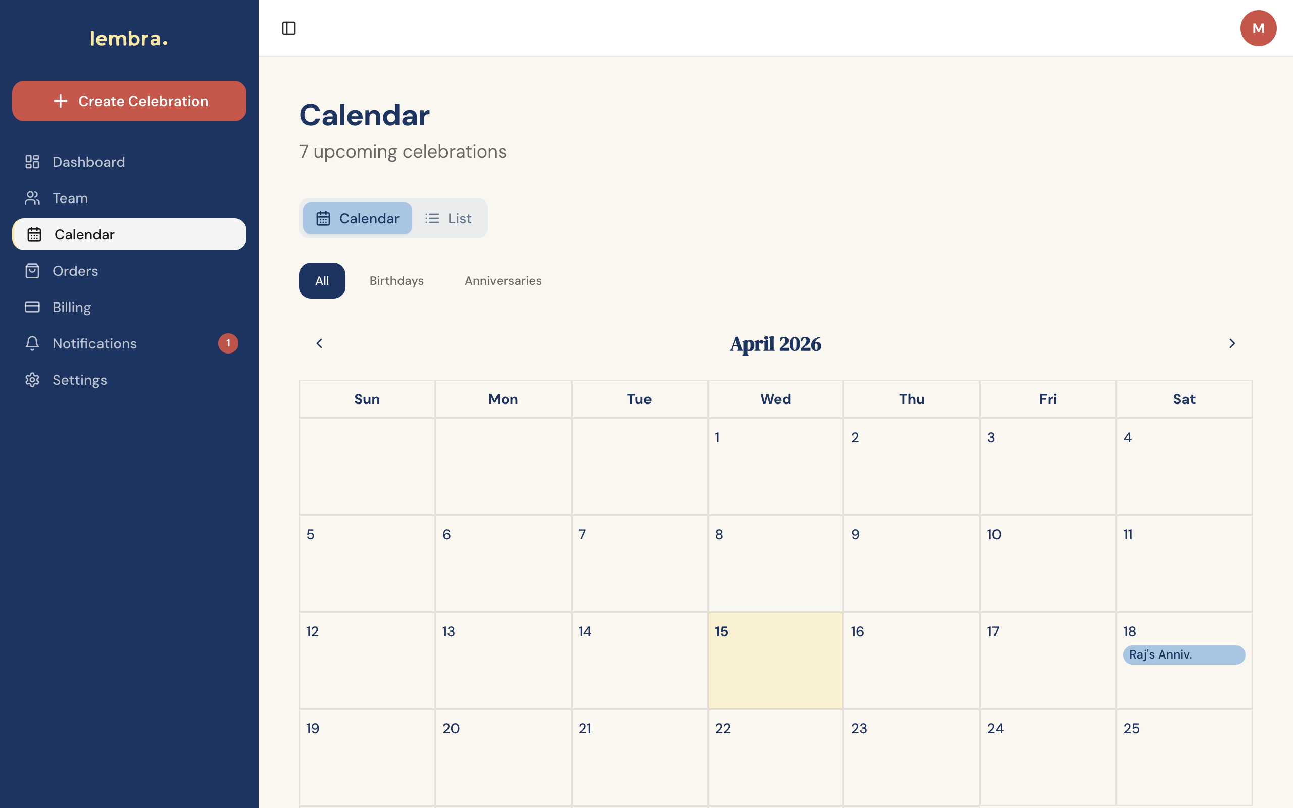Celebration Calendar, birthdays and anniversaries auto-tracked