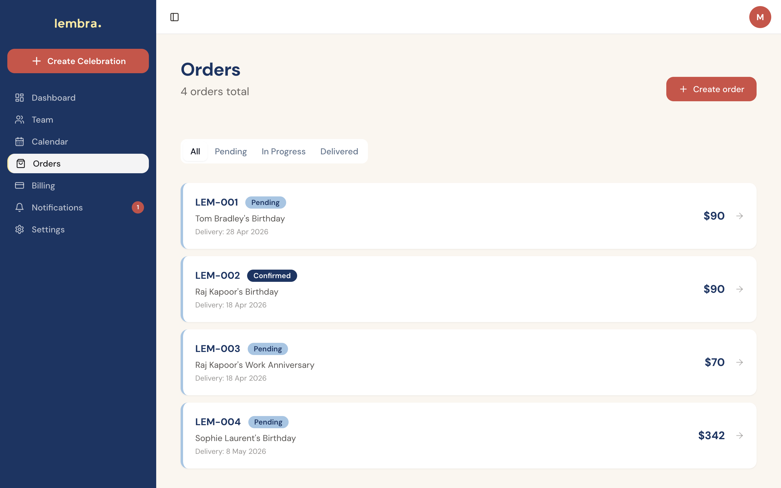 Orders, track every celebration from pending to delivered