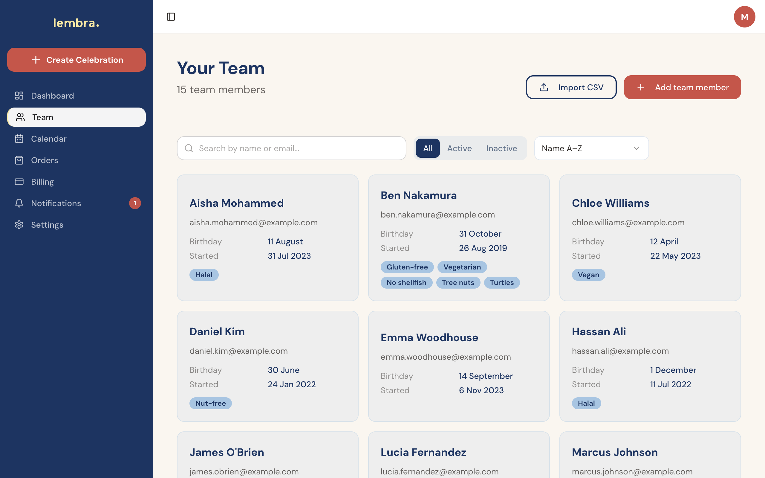 Team Management, dietary needs, start dates, birthday tracking
